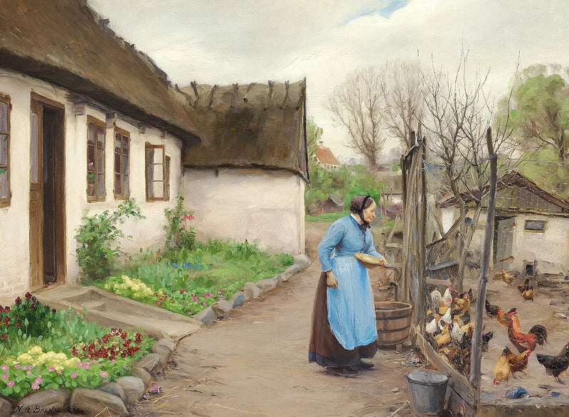 Una donna che nutre le galline davanti a una fattoria bianca e calcarea in un giorno d'autunno. - H. A. Brendekilde