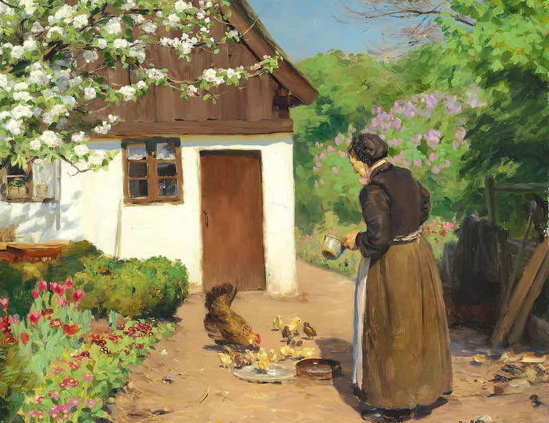Una donna alimenta le galline davanti a una fattoria bianca e calcarea in una giornata d'estate. - H. A. Brendekilde