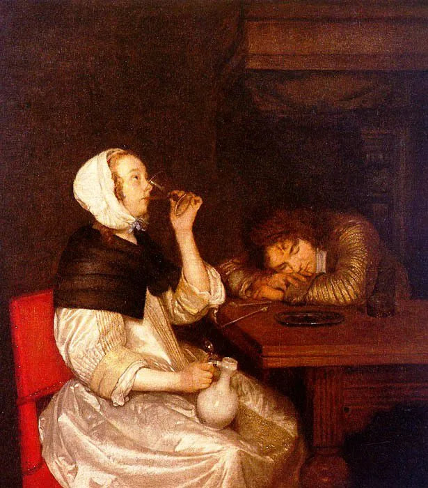 Une femme qui boit et un soldat endormi - Gerard ter Borch
