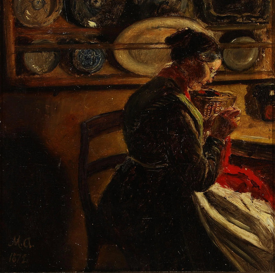 Una donna che lavora a maglia in cucina. - Michael Peter Ancher