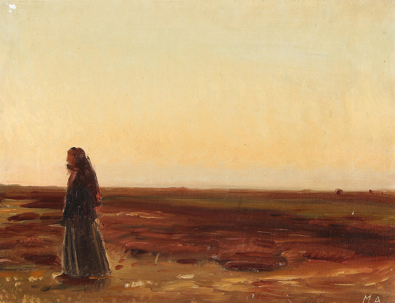 Una donna che torna a casa nella brughiera al tramonto. - Michael Peter Ancher