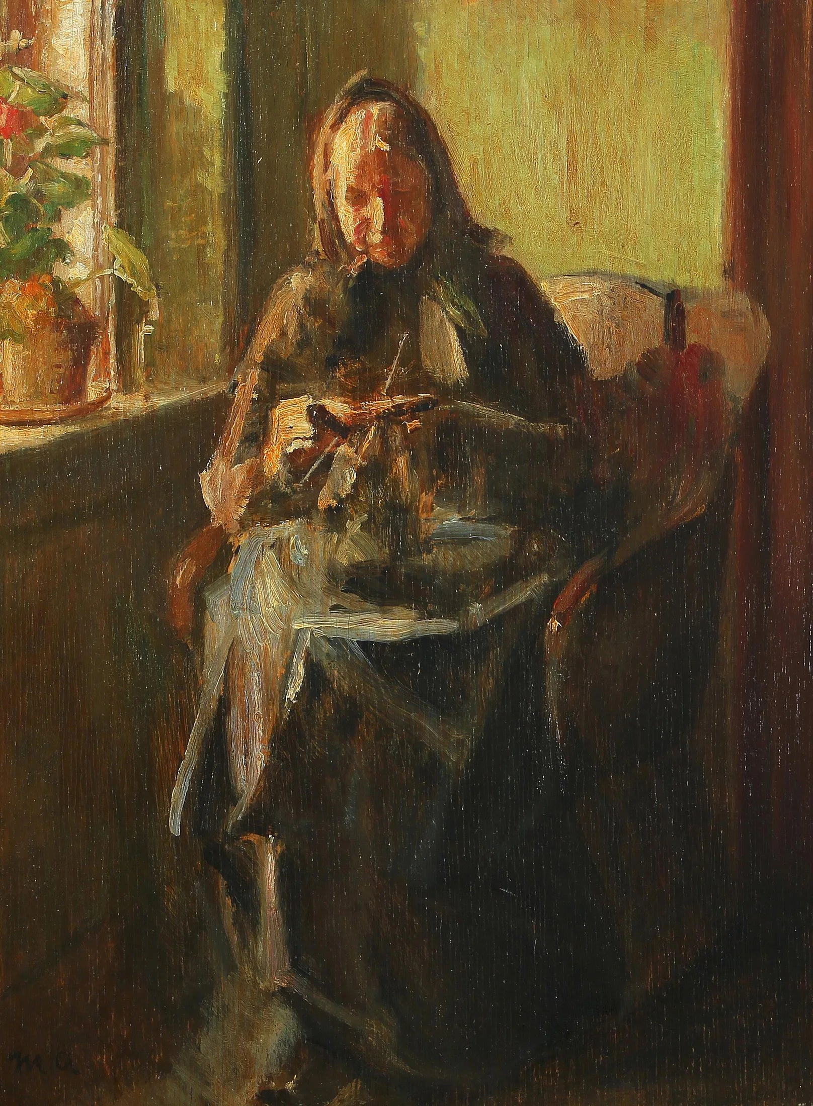 Une femme tricote dans une pièce baignée de soleil. - Michael Peter Ancher image 1 tableau peint à l’huile sur toile