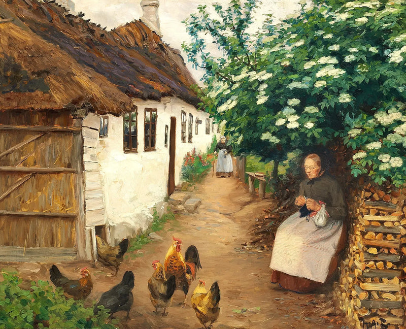 Una donna che tricota vicino a una vecchia casa. - H. A. Brendekilde