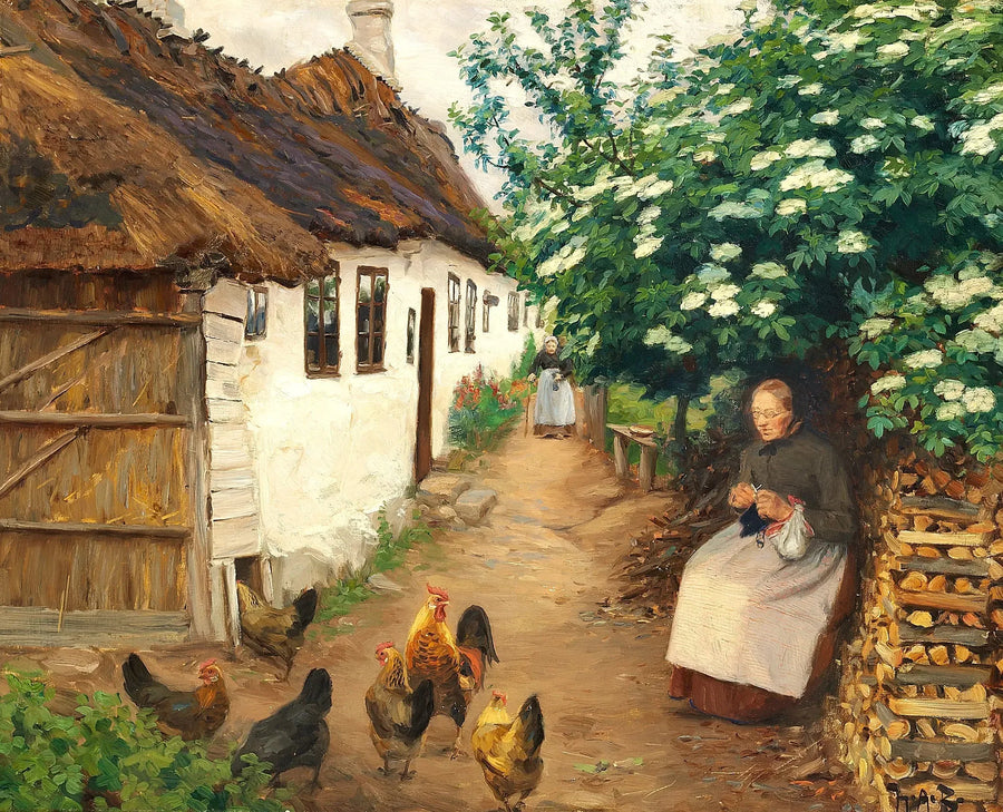 Una donna che tricota vicino a una vecchia casa. - H. A. Brendekilde