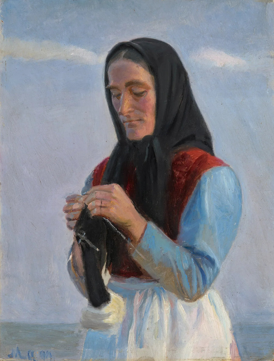Una donna lavora a maglia sulla spiaggia. - Michael Peter Ancher
