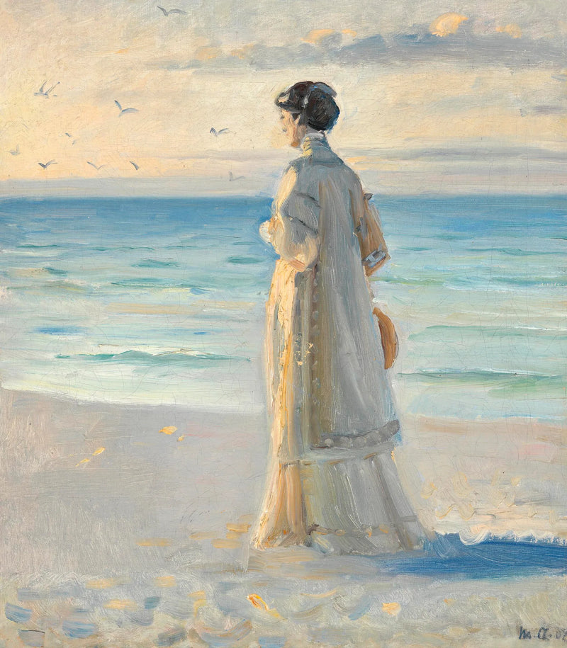 Una donna che indossa un lungo e leggero abito estivo osserva il mare sulla spiaggia di Skagen. - Michael Peter Ancher