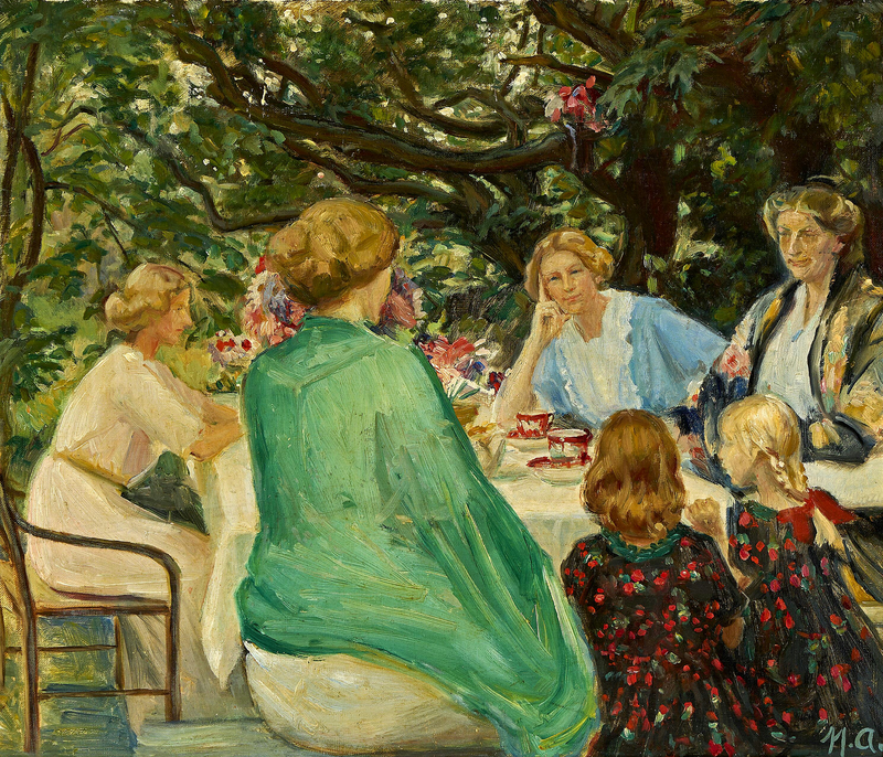 Una festa attorno a un caffè in un giardino di Skagen in una giornata estiva. - Michael Peter Ancher