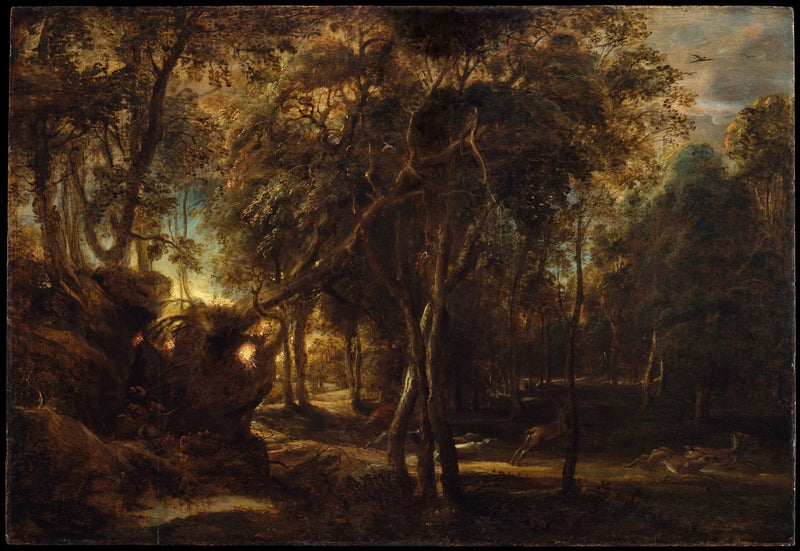 Una foresta all'alba con una battuta di caccia al cervo - Peter Paul Rubens
