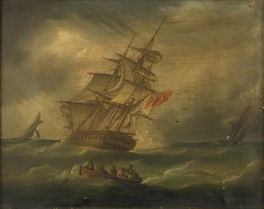 Una fregata e un brigantino navale che inseguono un brigantino francese, con una barca che recupera un uomo in mare - James E. Buttersworth