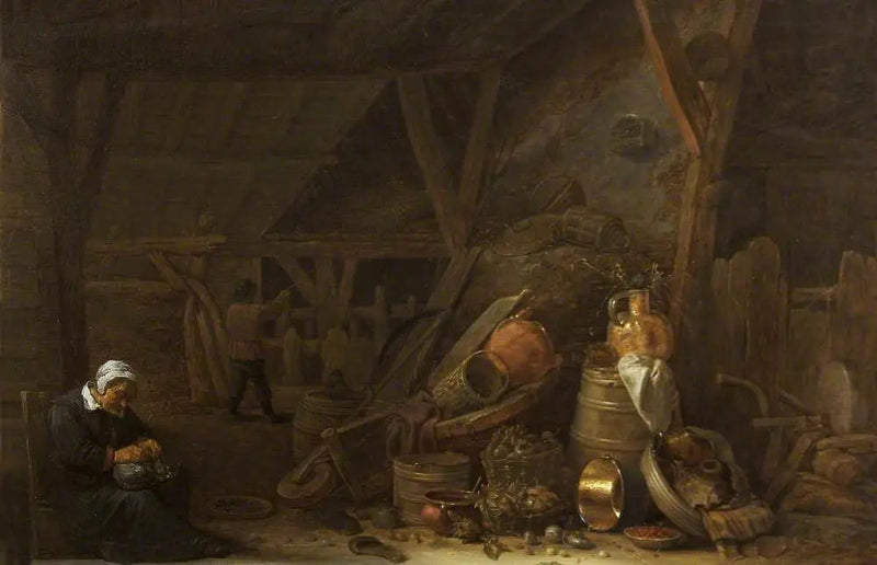 Un granaio con una natura morta di utensili da cucina e uno chef addormentato - David Teniers il Giovane