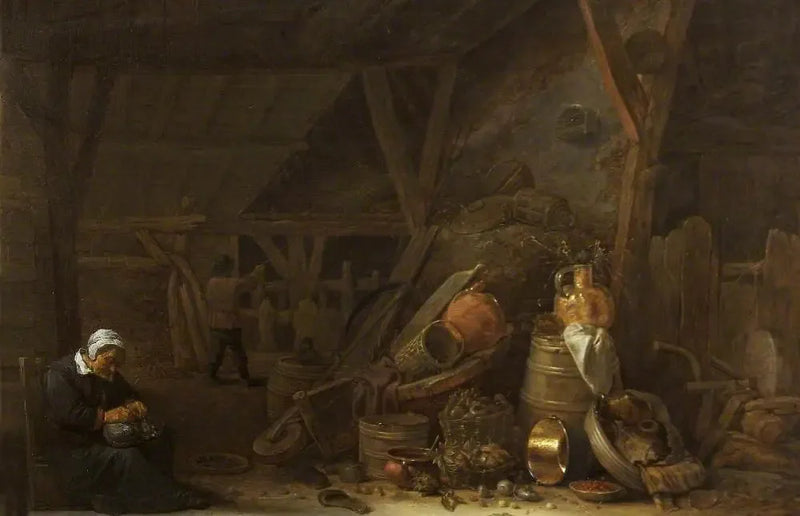 Un granaio con una natura morta di utensili da cucina e uno chef addormentato - David Teniers il Giovane