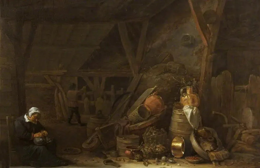 Un granaio con una natura morta di utensili da cucina e uno chef addormentato - David Teniers il Giovane