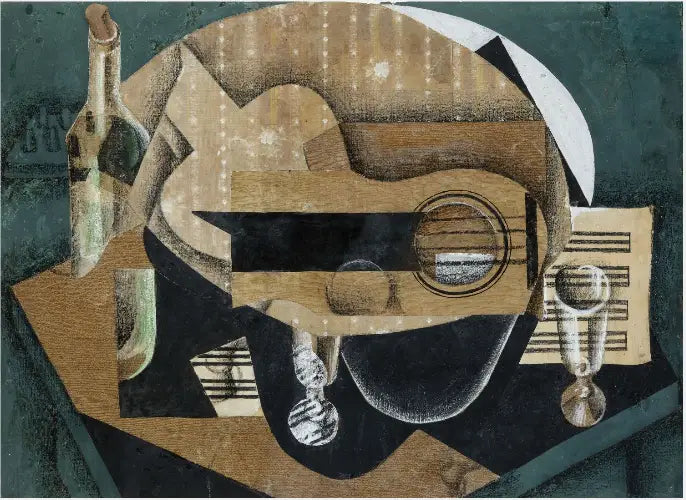 Una chitarra, dei bicchieri e una bottiglia - Juan Gris