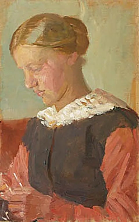 Une jeune femme assise, les cheveux relevés. - Anna Ancher image 1 reproduction de peinture à l’huile