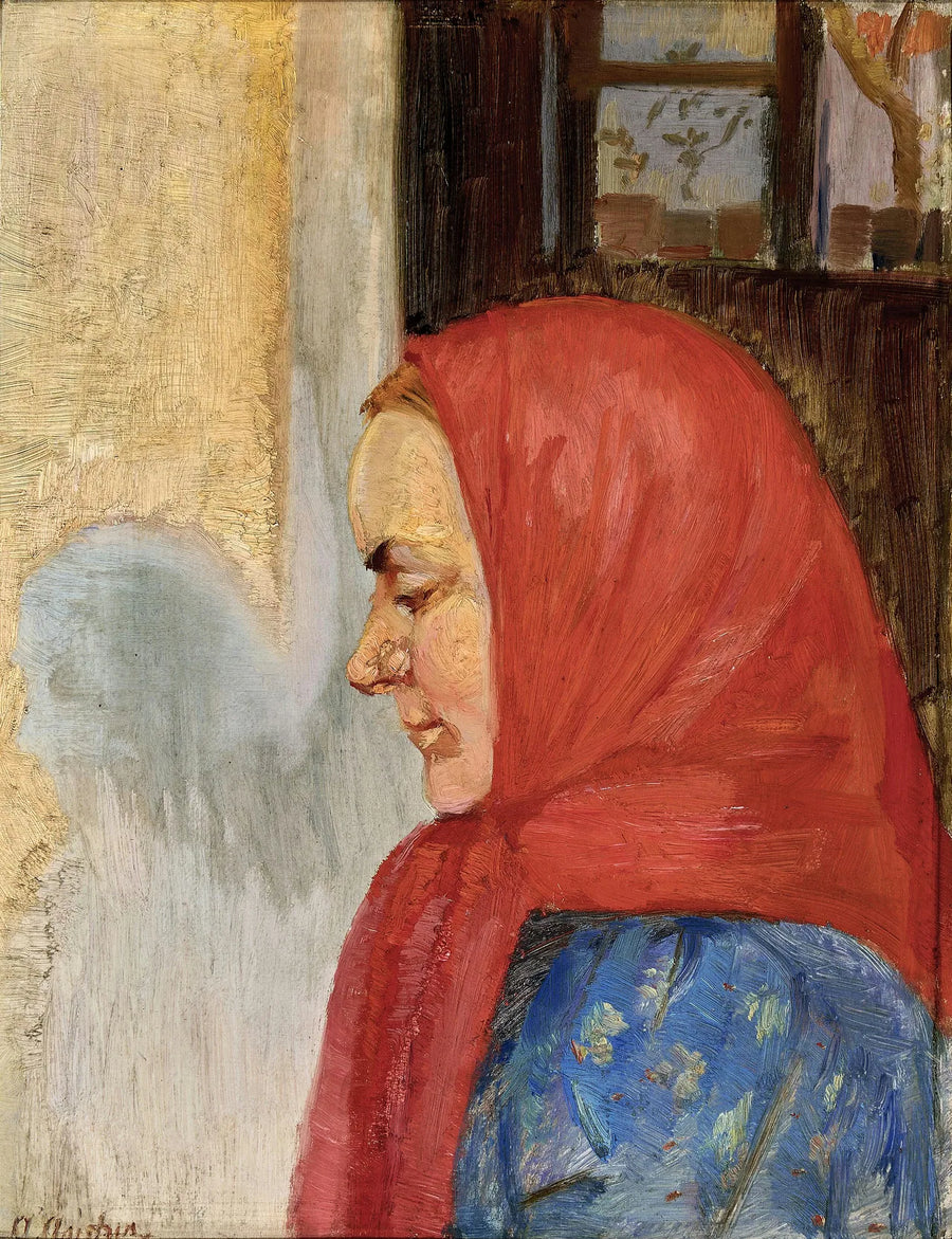 Una giovane donna di Skagen con una sciarpa rossa, vista di profilo. - Anna Ancher
