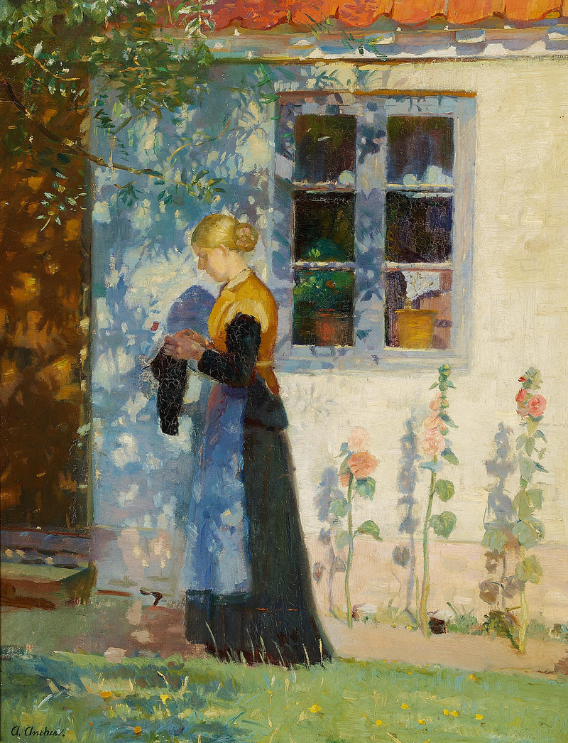 Una giovane donna in piedi davanti a una casa a Skagen. - Anna Ancher