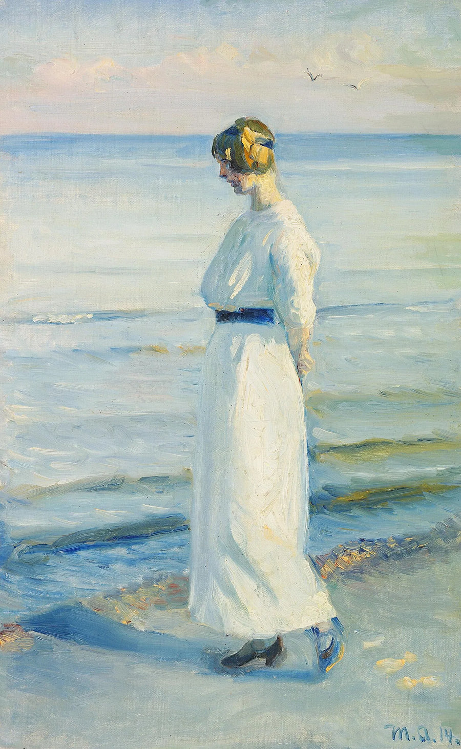 Una giovane donna con un abito estivo bianco sulla spiaggia di Skagen. - Michael Peter Ancher