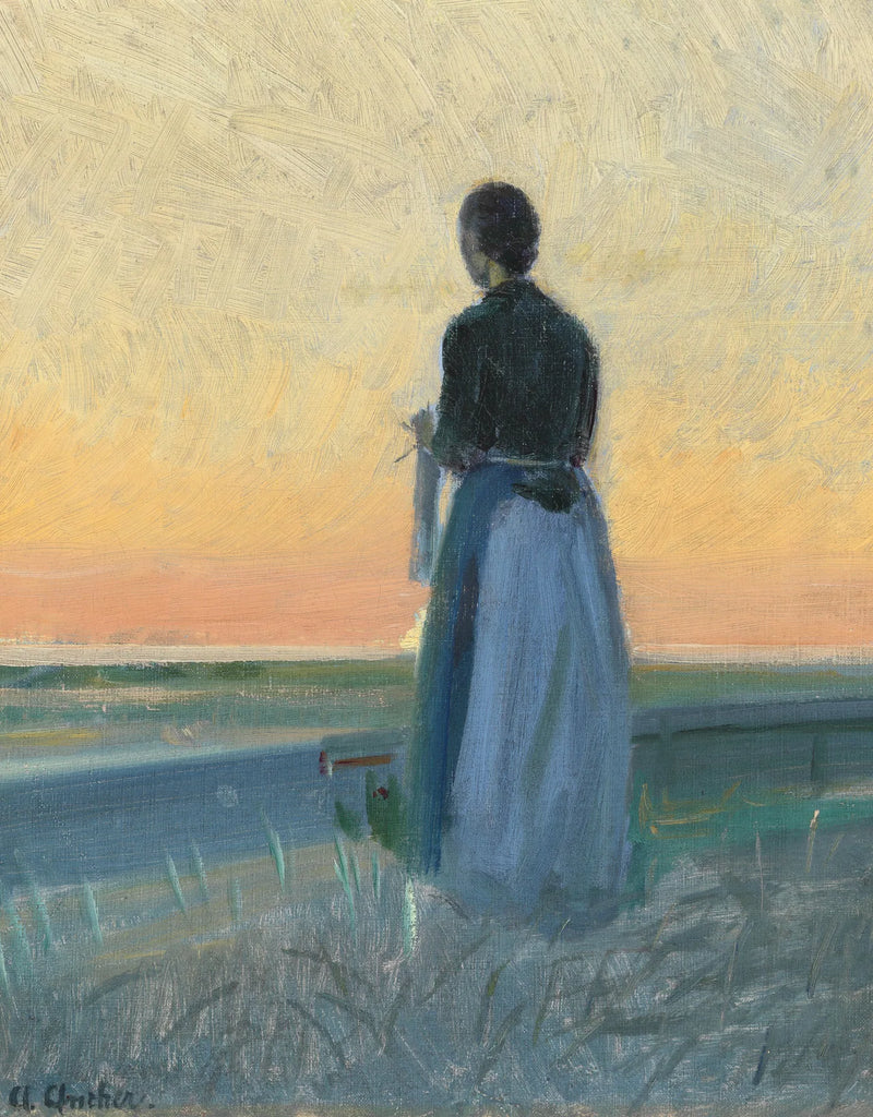 Una giovane donna che lavora a maglia, in piedi al tramonto. - Anna Ancher
