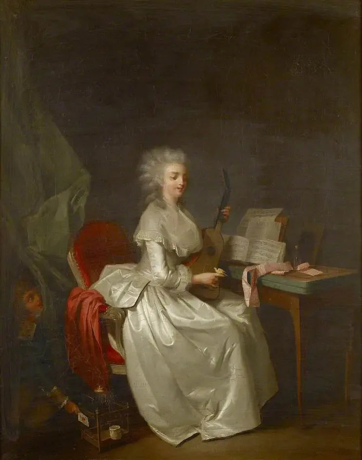 Una giovane donna che suona la chitarra con un uccello cantante nella sua mano - Louis-Léopold Boilly