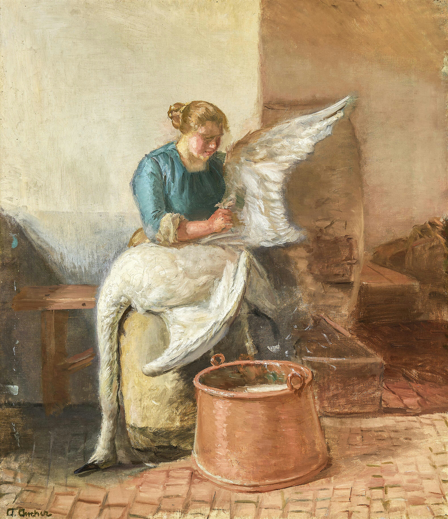 Una giovane donna che spenna un cigno. - Anna Ancher