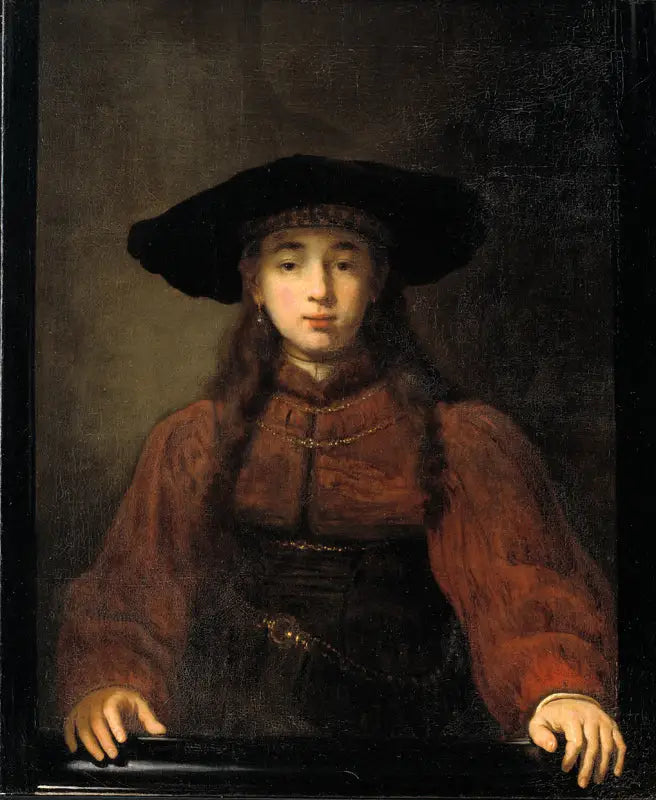 Una giovane donna che posa le mani sulla cornice della foto - Rembrandt