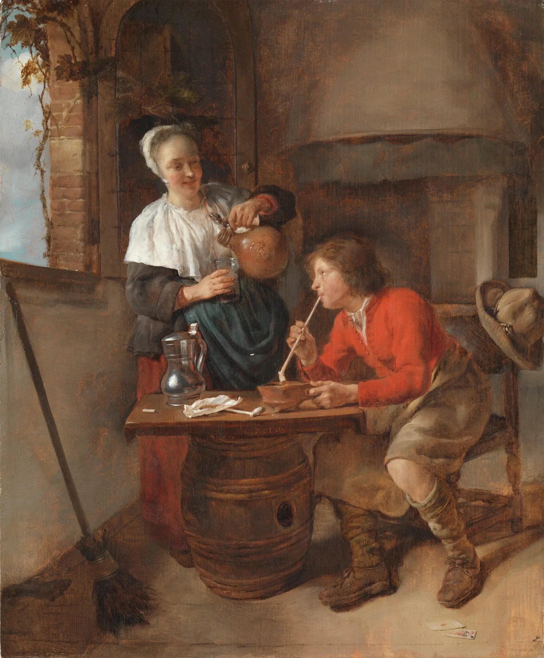 Une jeune femme sert de la bière et un jeune homme fume. - Gabriel Metsu image 1 copie peinte à la main à l’huile