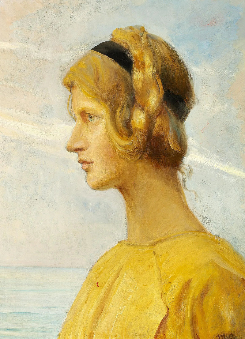 Una giovane ragazza di Skagen con un vestito giallo, vista di profilo con il mare sullo sfondo. - Michael Peter Ancher