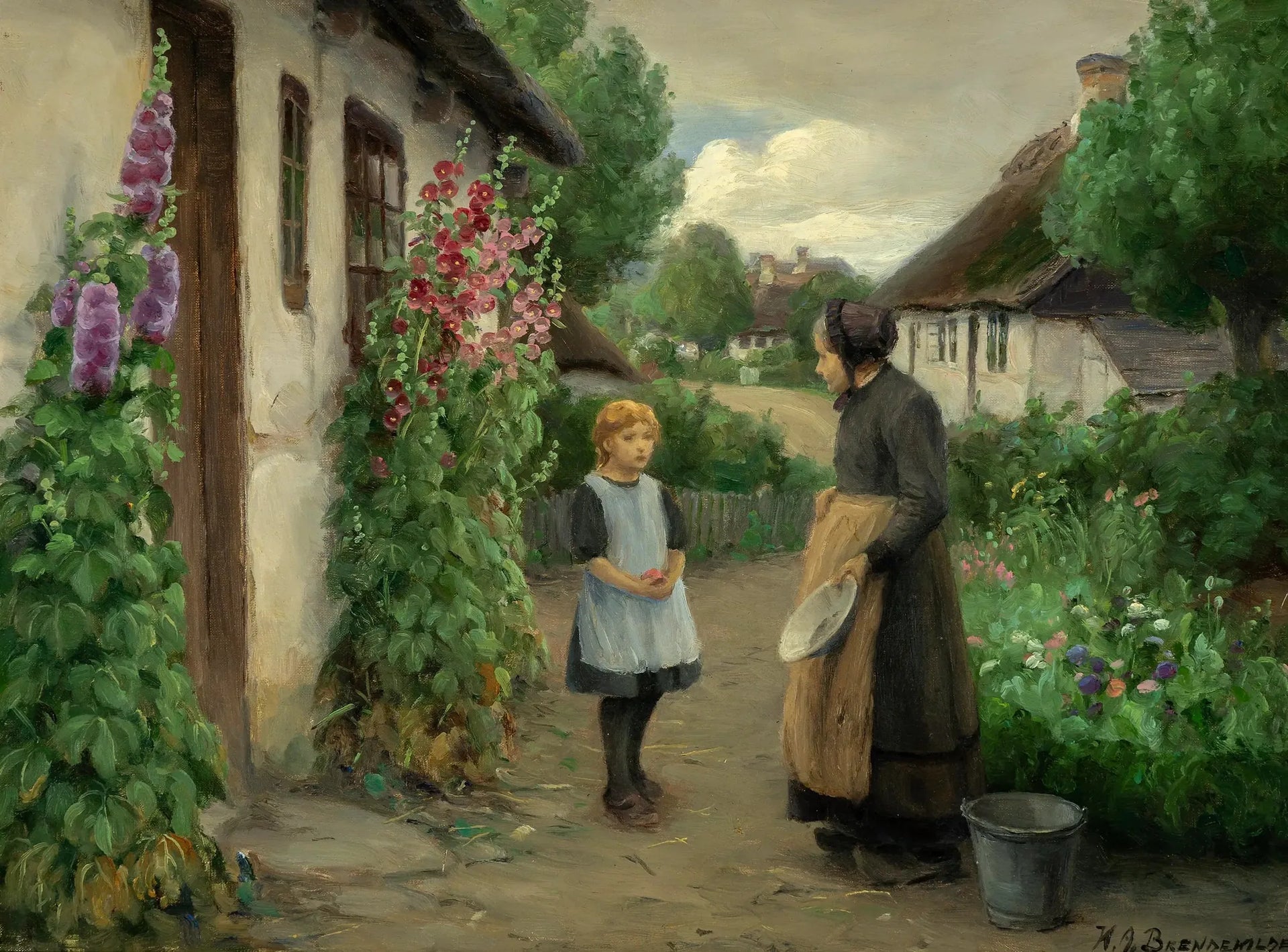 Une journée d'été au village avec une petite fille et une femme âgée. - H. A. Brendekilde image 1 reproduction artisanale de tableau