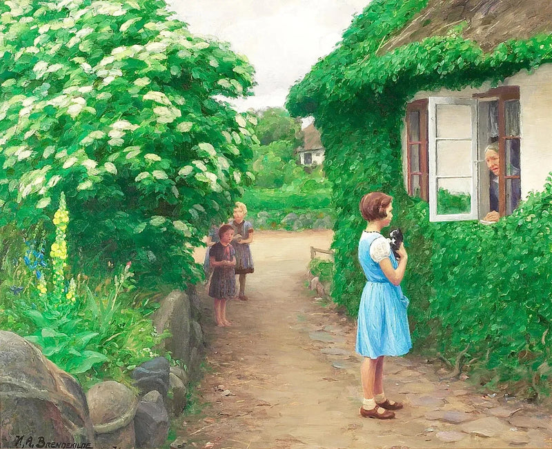 Una giornata estiva con bambini con un gattino e una vecchia donna alla finestra. - H. A. Brendekilde