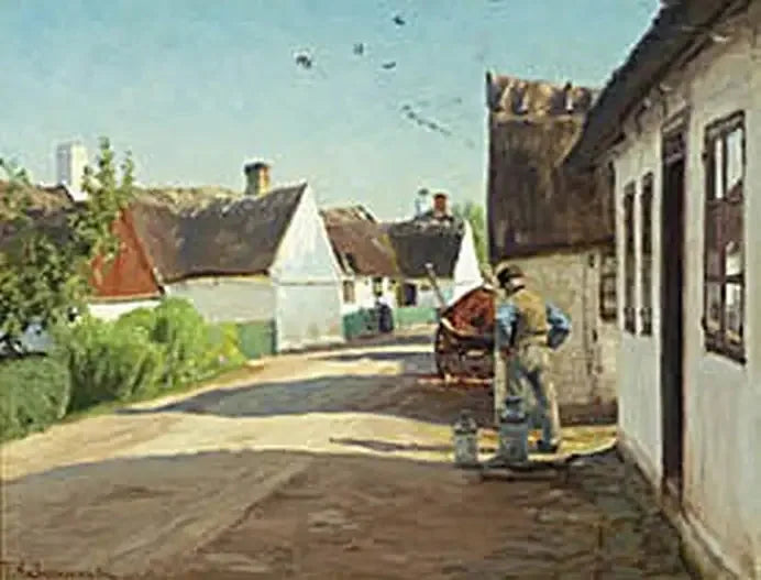 Une journée d'été dans un village avec un homme debout près de quelques bidons de lait. - H. A. Brendekilde image 1 reproduction de peinture à l’huile