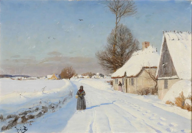 Una giornata invernale in un villaggio, che mostra persone vicino a case con tetto di paglia. - H. A. Brendekilde