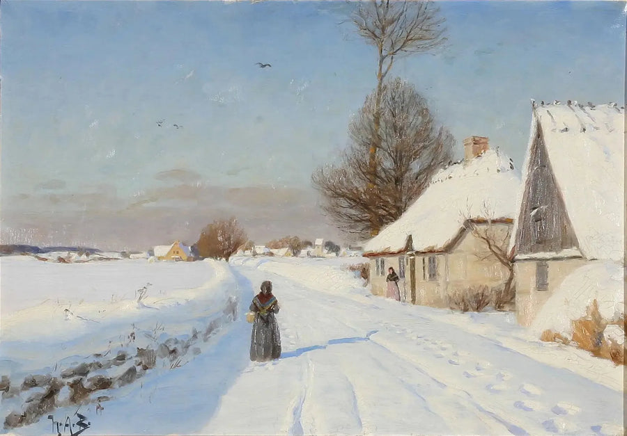 Una giornata invernale in un villaggio, che mostra persone vicino a case con tetto di paglia. - H. A. Brendekilde
