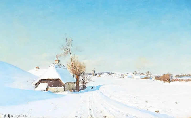Una giornata invernale soleggiata con case, un mulino e personaggi. - H. A. Brendekilde
