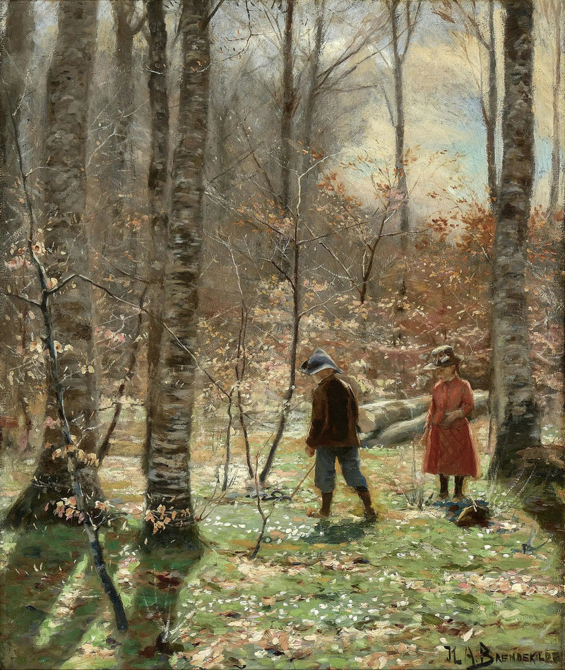Una giornata di primavera nella foresta con un ragazzo e una ragazza che raccolgono anemoni. - H. A. Brendekilde