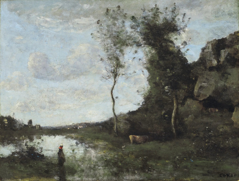 Una contadina e la sua mucca al stagno con vista su un villaggio - Jean-Baptiste Camille Corot