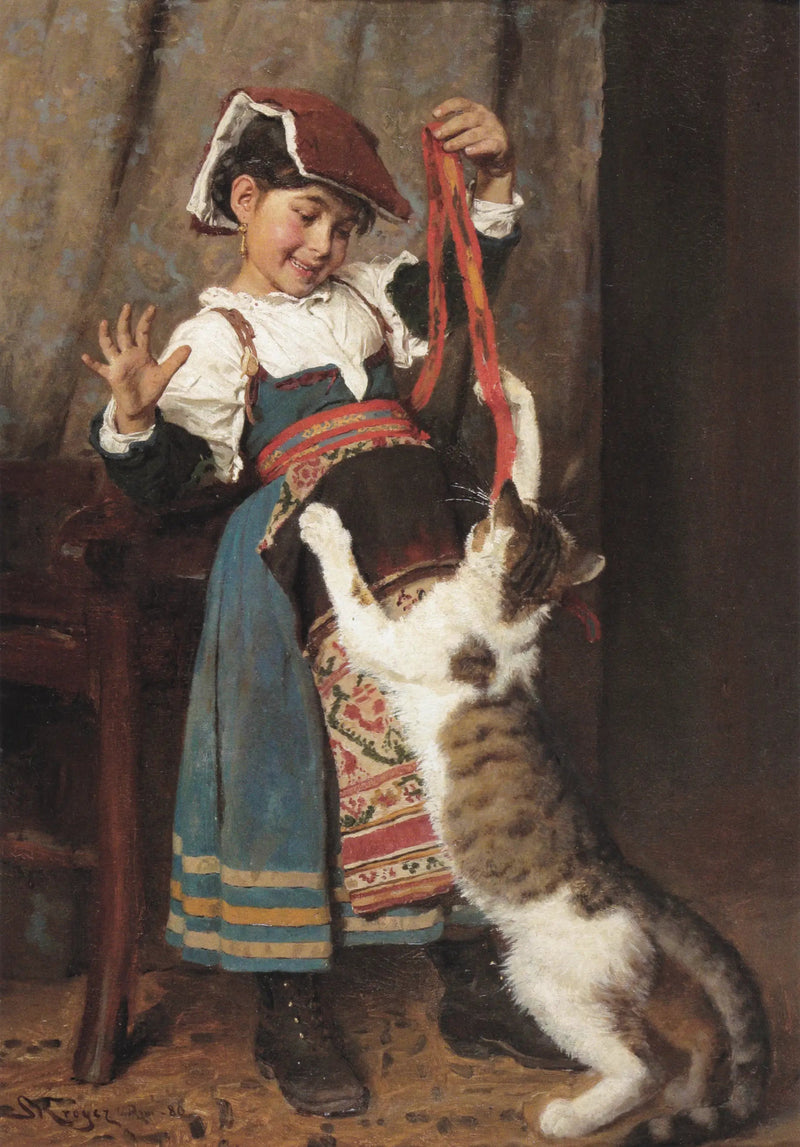 Una bambina in abito contadino, che gioca con un gatto. - Peder Severin Krøyer