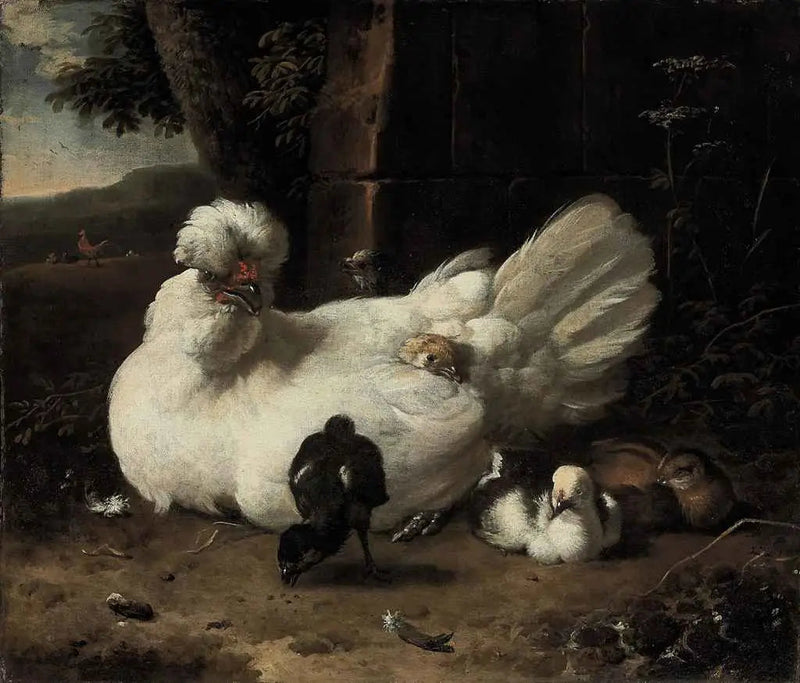 Una gallina con pulcini in un paesaggio - Melchior de Hondecoeter