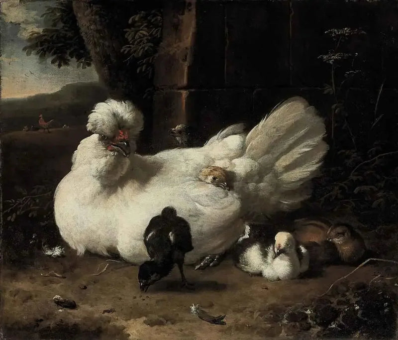 Una gallina con pulcini in un paesaggio - Melchior de Hondecoeter