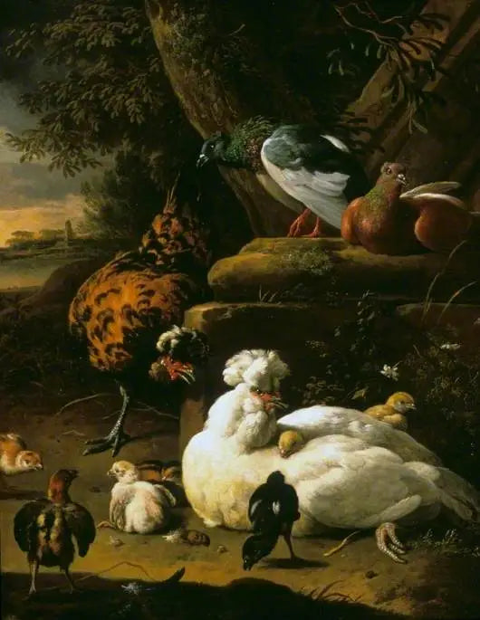 Una gallina con pulcini, un gallo e colombi in un paesaggio - Melchior de Hondecoeter
