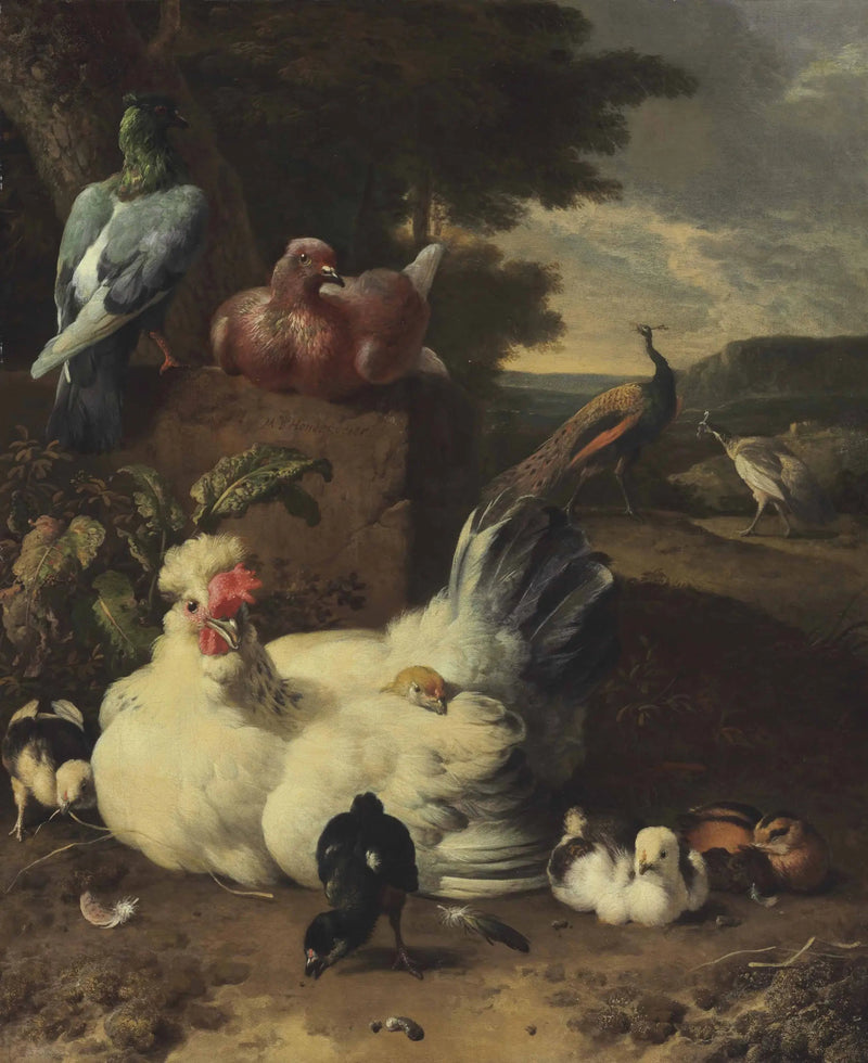 Una gallina, dei pulcini, delle colombe e dei pavoni accanto a un muro di pietra in un paesaggio - Melchior de Hondecoeter