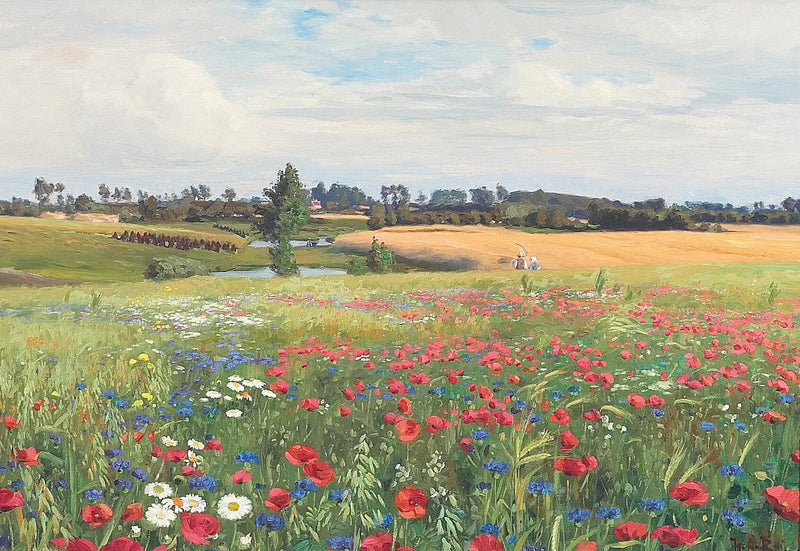 Una prateria in fiore, con papaveri, leucantemi e fiordalisi. - H. A. Brendekilde