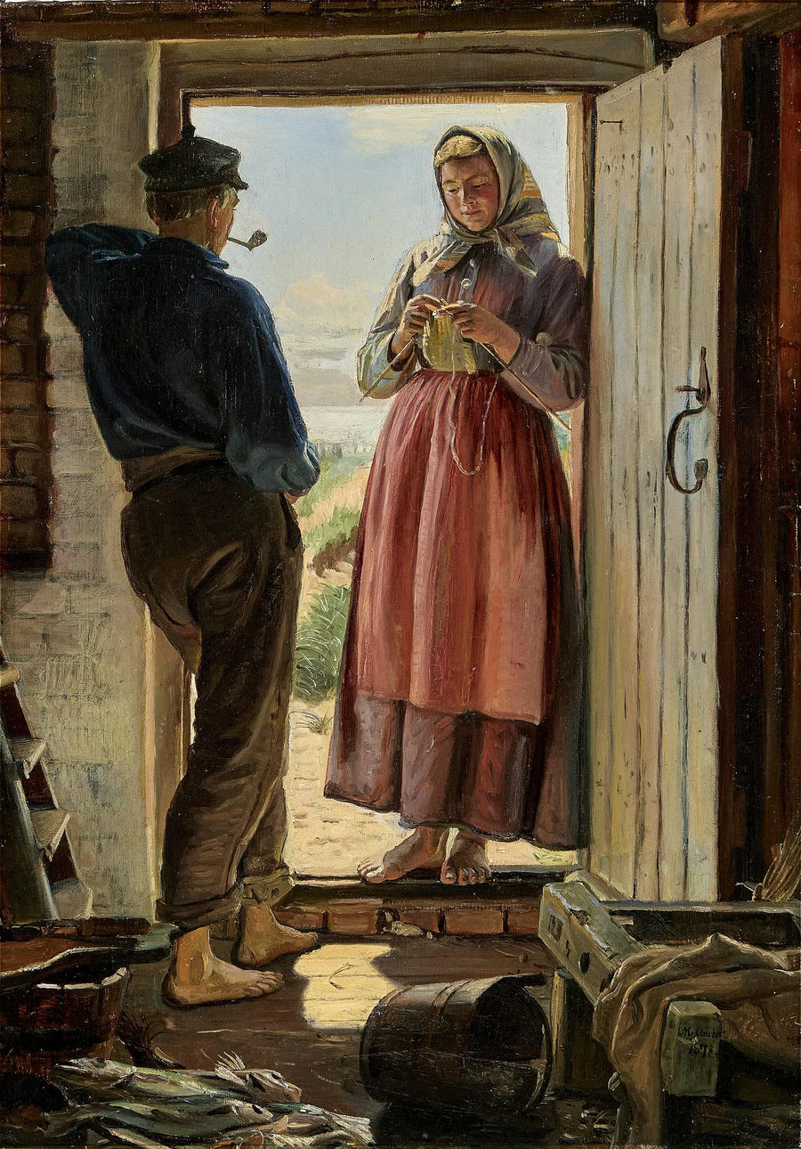 Una proposta. Un giovane pescatore e una giovane donna stanno lavorando a maglia sulla soglia di una porta. - Michael Peter Ancher