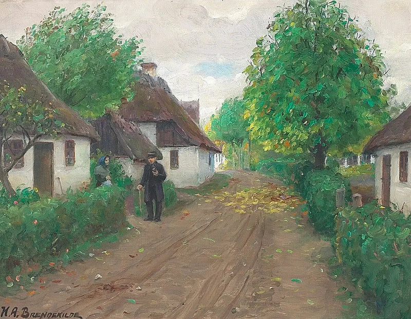 Una strada di paese con due persone che discutono. - H. A. Brendekilde