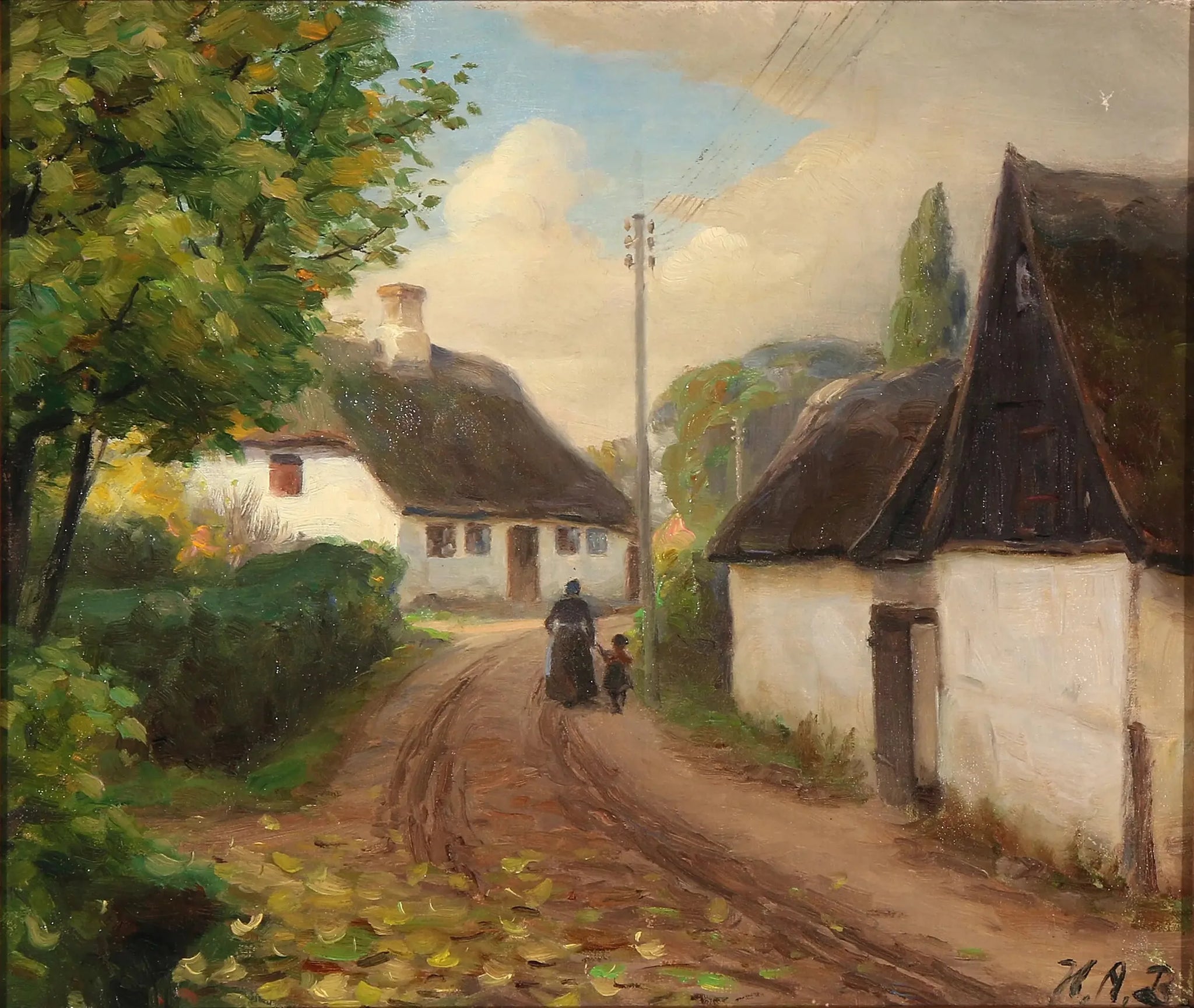 Une route de village avec une femme et un enfant marchant main dans la main - H. A. Brendekilde image 1 copie de tableau peinte à la main