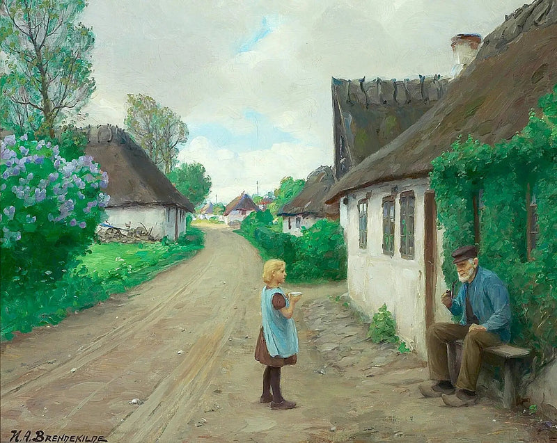 Una strada di paese con una giovane ragazza che parla con il vecchio Jens Wilhelm di Jyllinge, di 93 anni. - H. A. Brendekilde