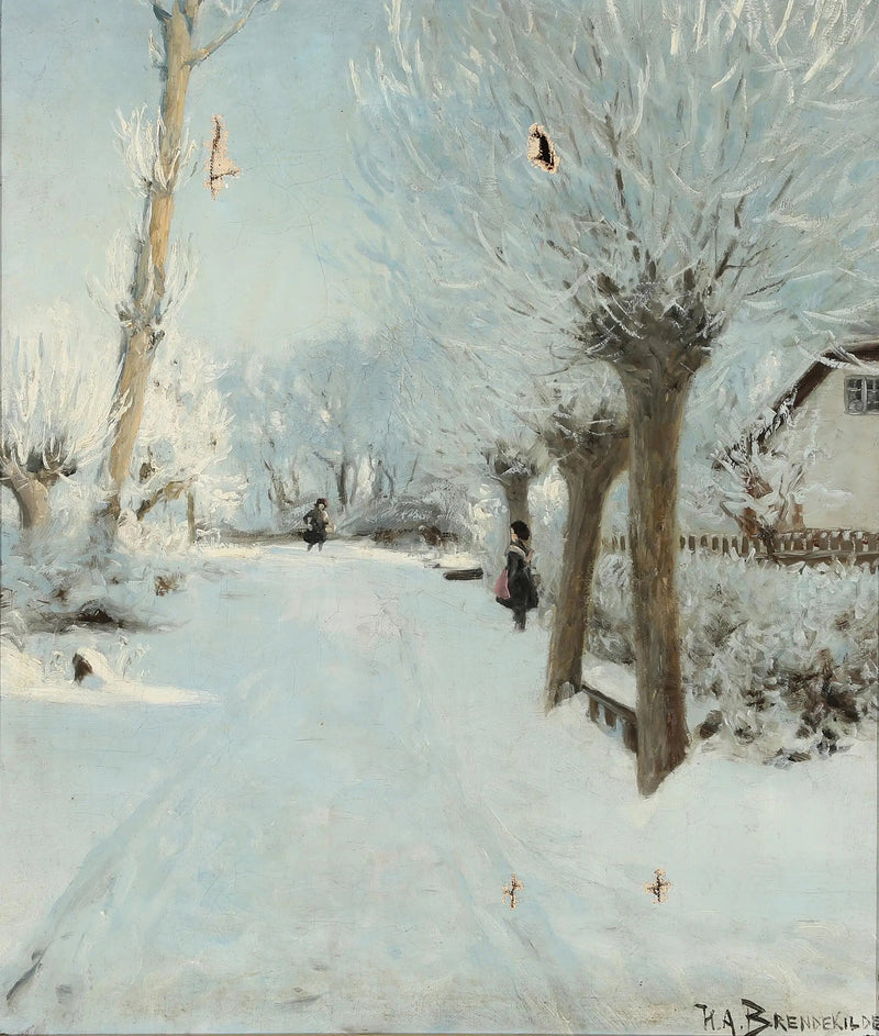 Una strada soleggiata e innevata con due bambini. - H. A. Brendekilde
