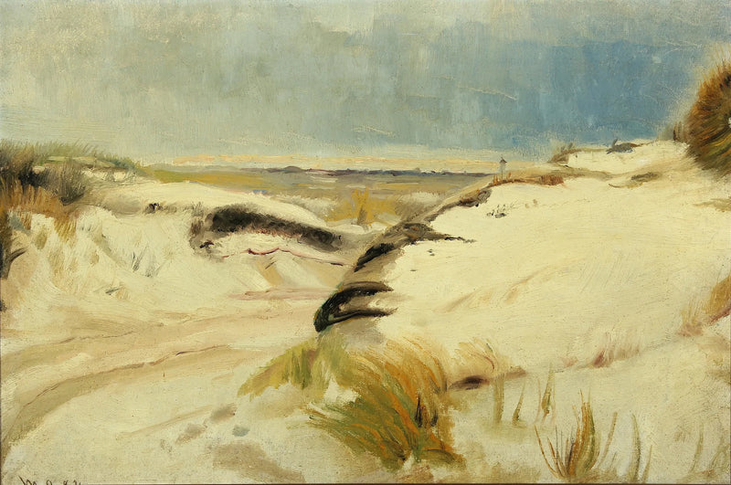 Una strada che serpeggia tra le dune e un faro in lontananza. - Michael Peter Ancher