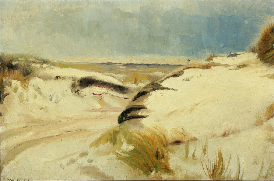 Una strada che serpeggia tra le dune e un faro in lontananza. - Michael Peter Ancher