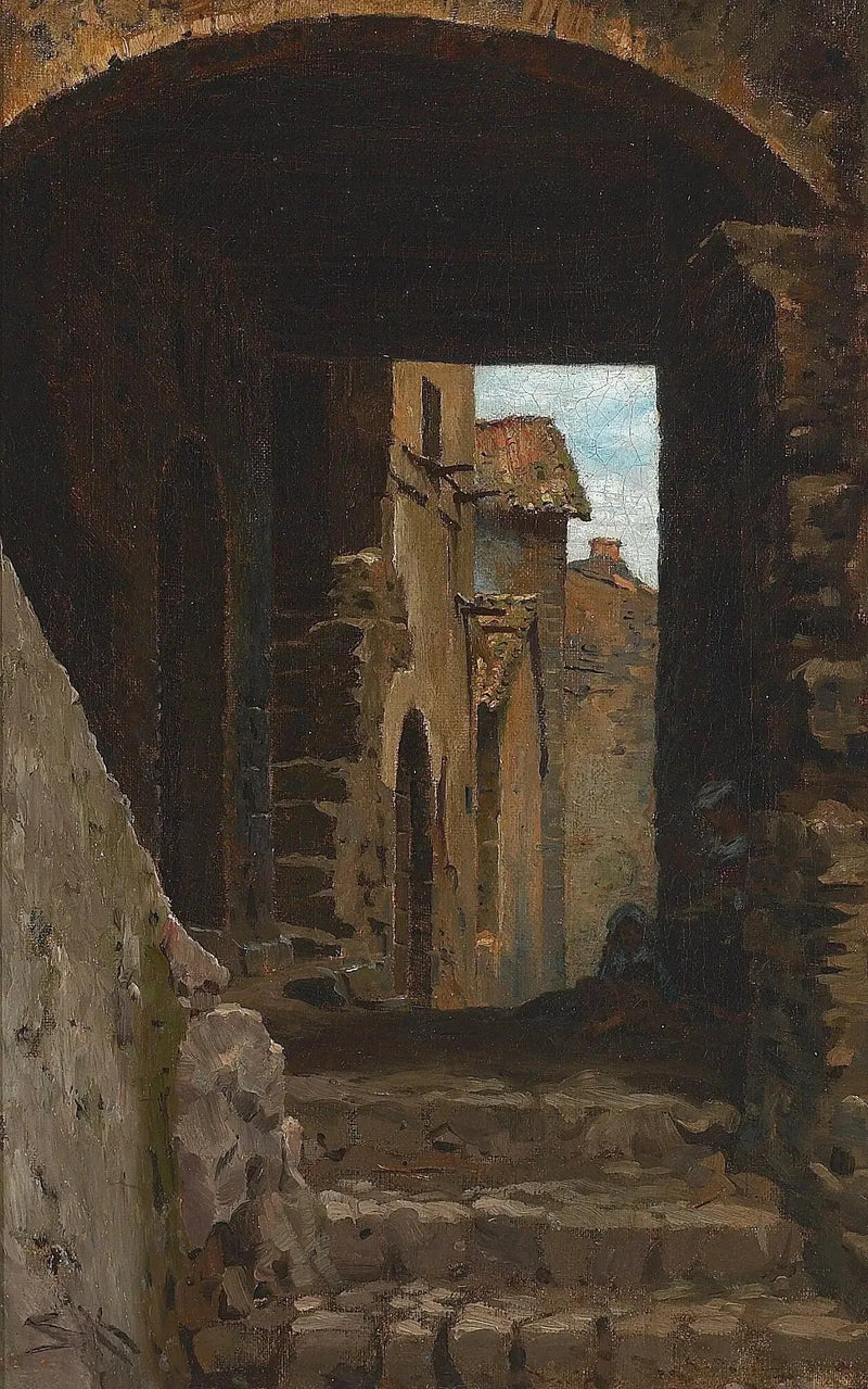 Una strada stretta con una donna e un bambino a Torello, Ravello, Italia. - Peder Severin Krøyer