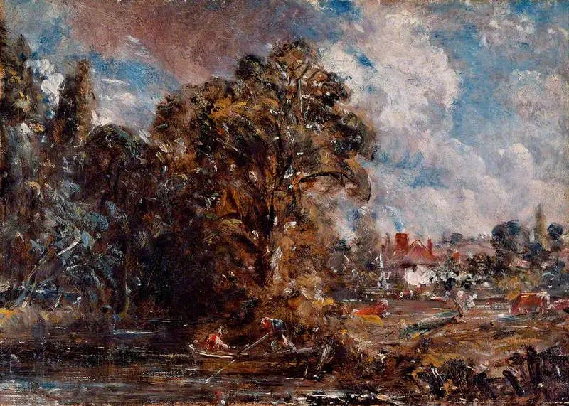 Una scena di fiume con una fattoria sul bordo dell'acqua - John Constable